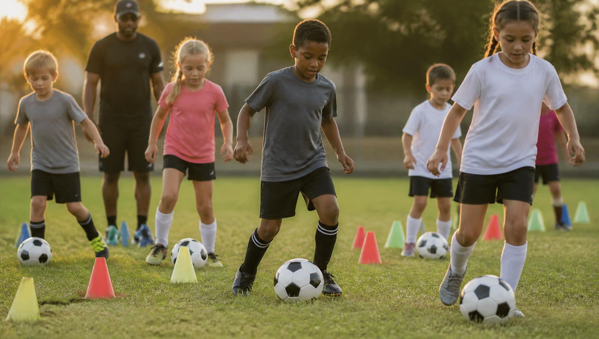 Diverse group of kids dribbling through cones in a soccer drill at golden hour
