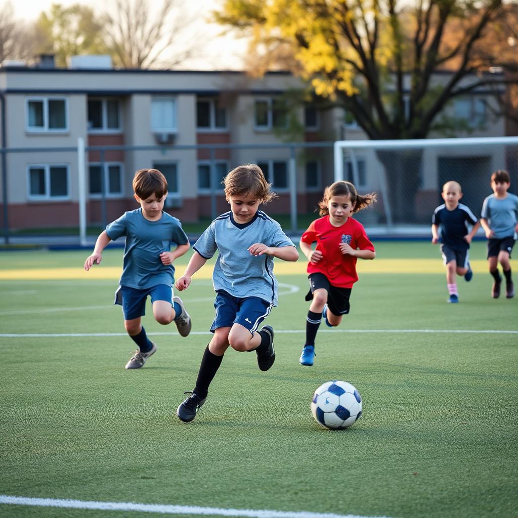 Kids in mid-action during a small-sided soccer game