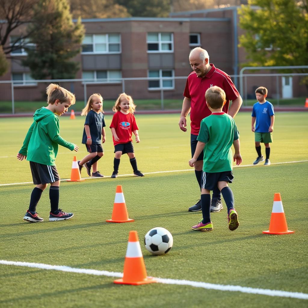 Coach running cone drills with a group of kids