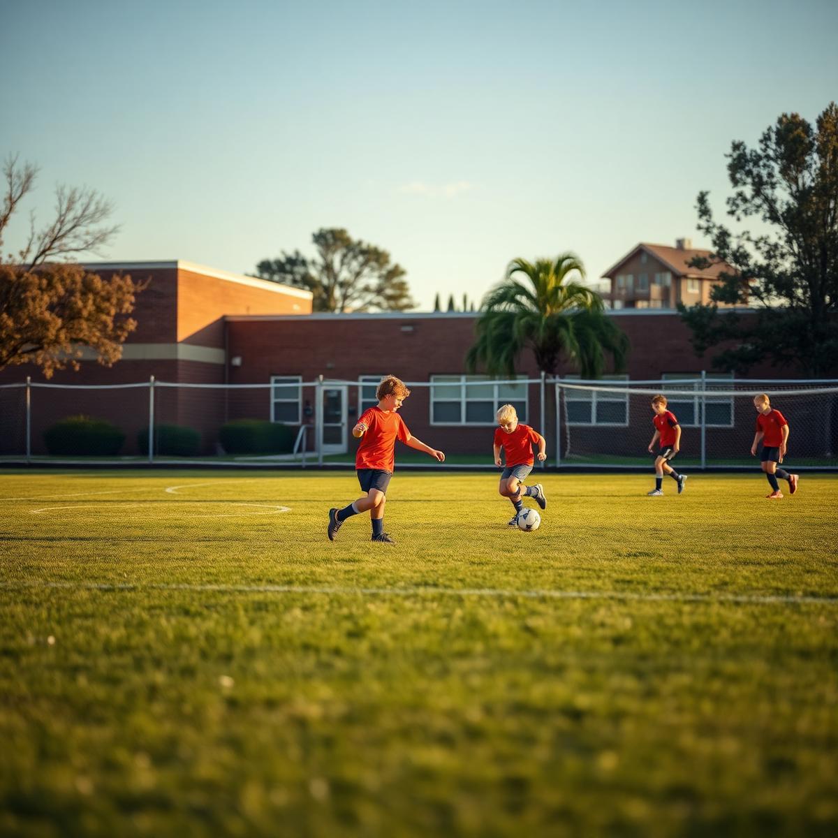 Kids playing soccer on a school campus field with the school building behind them